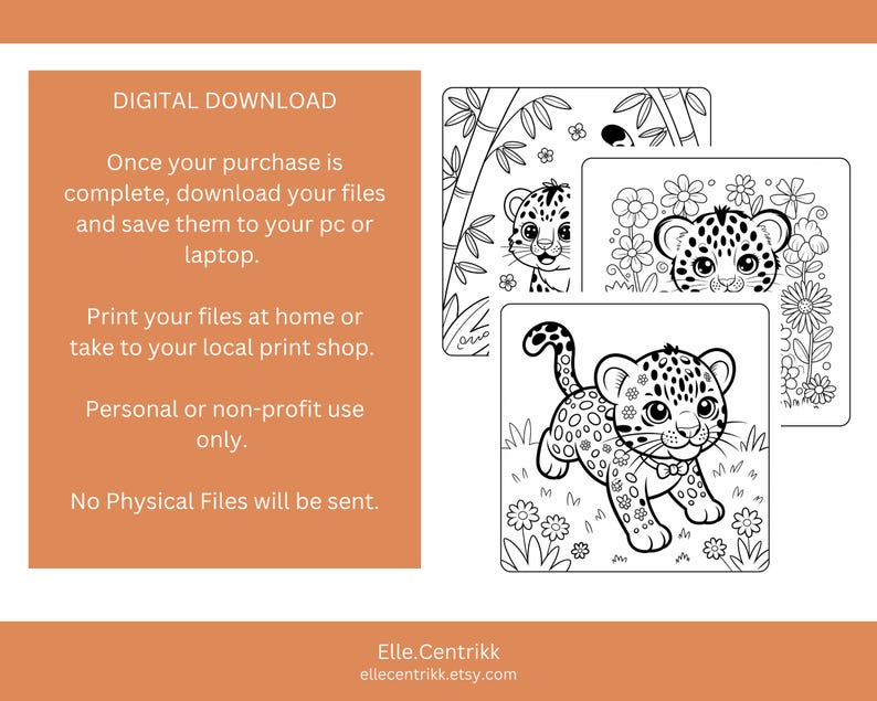 May include: Digital download of three black and white leopard cub coloring pages. Each page features a different scene with the cub, including flowers and bamboo. The text on the left side says "DIGITAL DOWNLOAD".