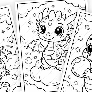 May include: Black and white line art illustrations of cute cartoon dragons. The dragons have large eyes, wings, and are surrounded by stars and clouds. The images are suitable for coloring.