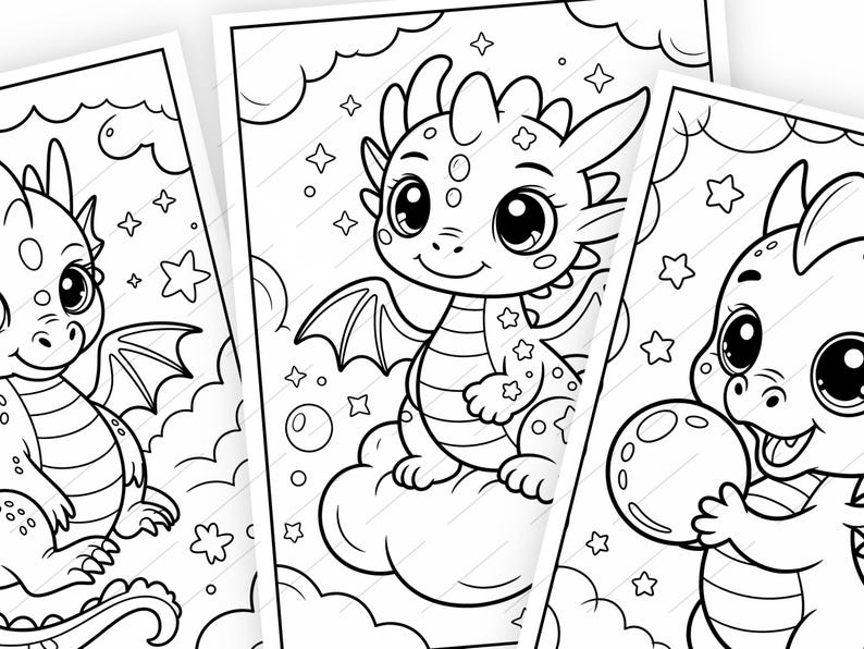 May include: Black and white line art illustrations of cute cartoon dragons. The dragons have large eyes, wings, and are surrounded by stars and clouds. The images are suitable for coloring.