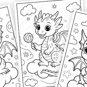 May include: Black and white line art of three cute cartoon dragons. One dragon holds a lollipop, while the others are surrounded by clouds, stars, and flowers. The dragons have wings, horns, and big eyes.