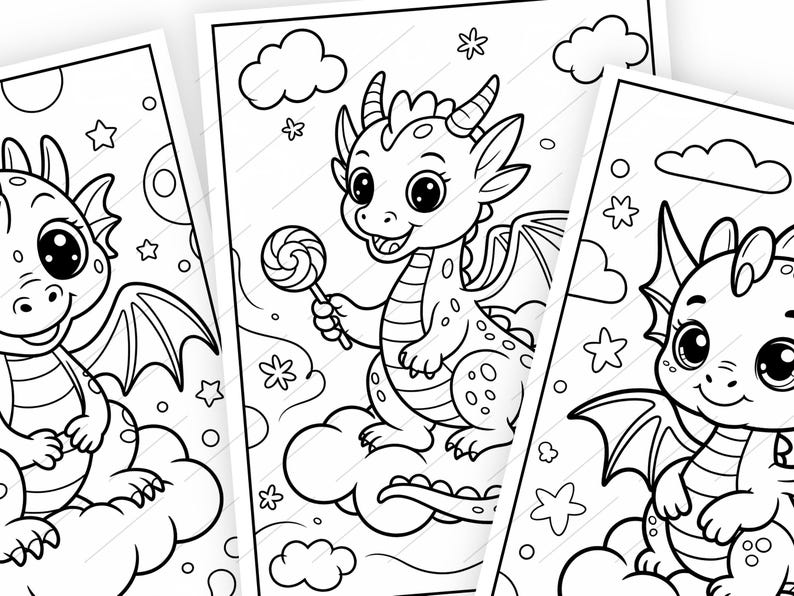 May include: Black and white line art of three cute cartoon dragons. One dragon holds a lollipop, while the others are surrounded by clouds, stars, and flowers. The dragons have wings, horns, and big eyes.