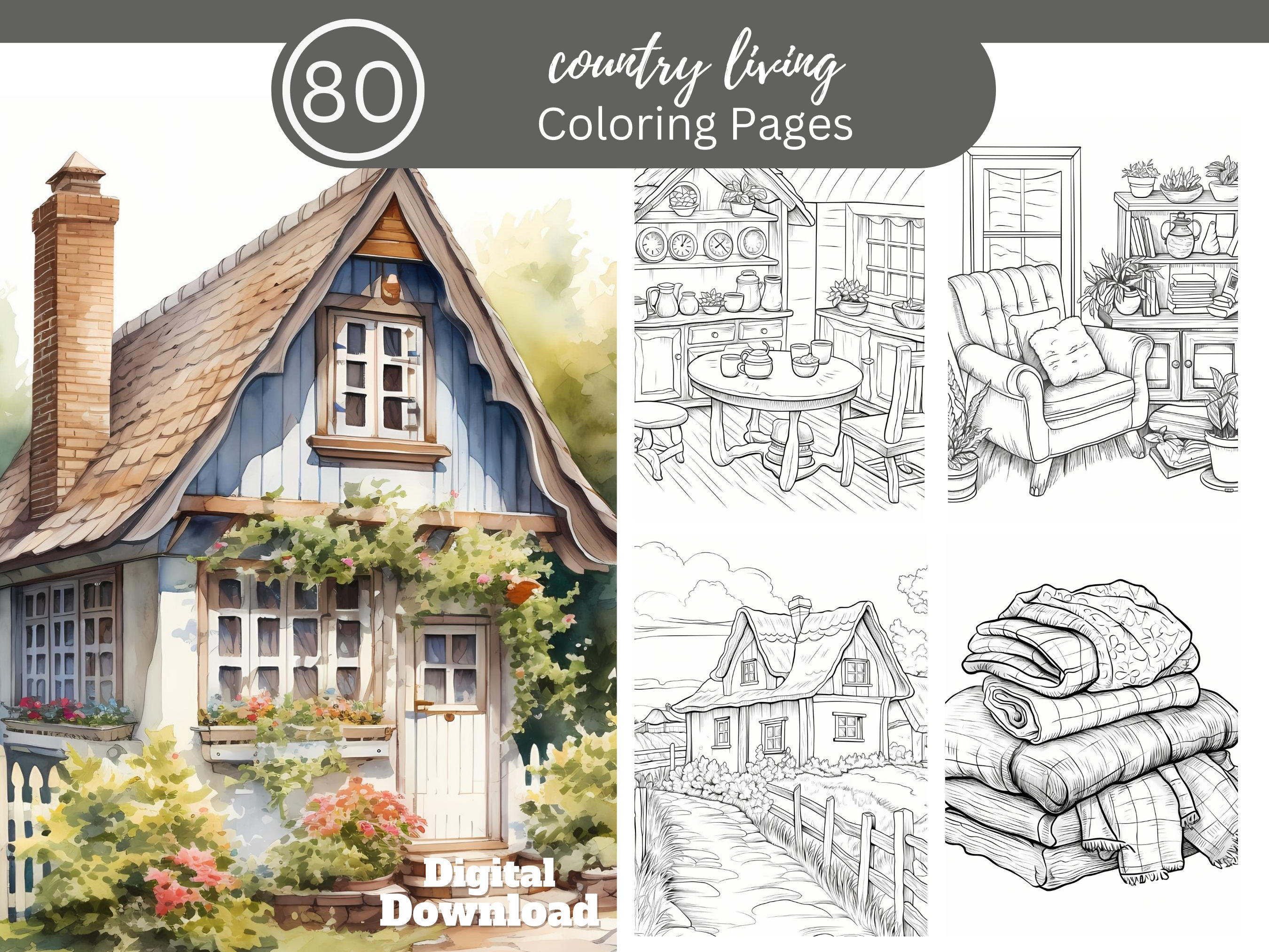 Country Living Coloring Book/80 Coloring Pages to Relax and Unwind ...