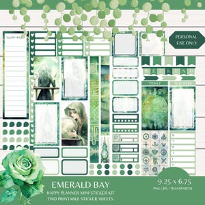 May include: A digital sticker sheet for a planner with a green and white color scheme. The sheet features illustrations of a woman with a crystal ball, a rose, and various geometric shapes. The text "Emerald Bay" and "Happy Planner Mini Sticker Kit" is included. The sheet is 9.25 inches by 6.75 inches.