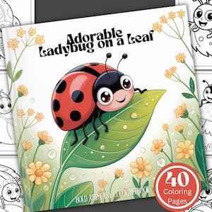 Adorable Ladybug on a Leaf Coloring Book/40 Coloring Pages/Digital Download/Cute Kawaii Fun