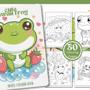 Cute Kawaii Frog Digital Coloring Book/30 Coloring Pages/PDF Printable Digital Download