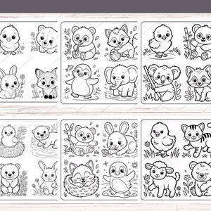 May include: Black and white line art illustrations of various animals, including a chick, bear, panda, fox, rabbit, penguin, elephant, koala, raccoon, lamb, and tiger. The drawings are arranged in a grid format, suitable for coloring.