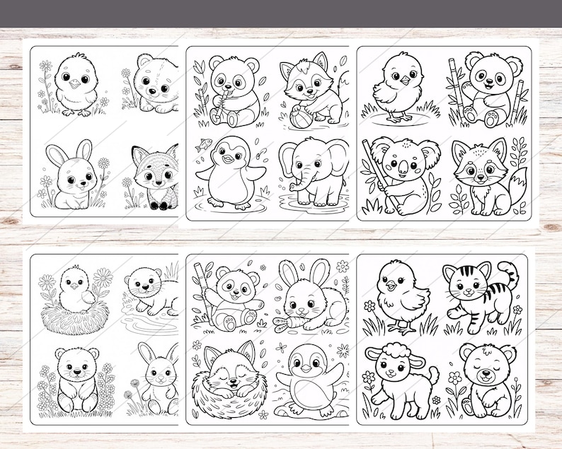 May include: Black and white line art illustrations of various animals, including a chick, bear, panda, fox, rabbit, penguin, elephant, koala, raccoon, lamb, and tiger. The drawings are arranged in a grid format, suitable for coloring.
