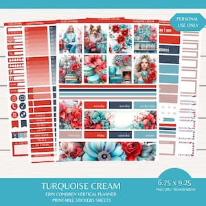 ターコイズクリーム/5 枚の印刷可能なデジタルプランナーステッカー/EC 垂直プランナーキット/クリカット/インスタントデジタルダウンロード/6.75 x 9.25 クリカット/美的