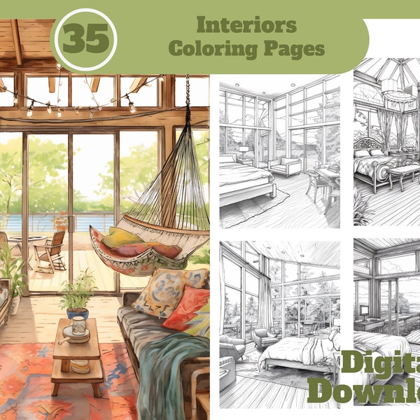 Cozy Home Coloring Pages: Set of 35 Intricate Interiors for Relaxation and Creativity - Light/Dark Grayscale