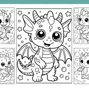 May include: Black and white line art of several cute cartoon dragons. The dragons have large eyes, wings, and horns. Some are sitting, some are flying, and one is holding a lollipop. Stars and bubbles surround the dragons.