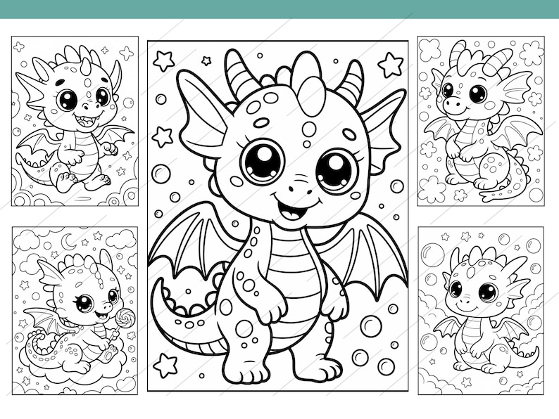 May include: Black and white line art of several cute cartoon dragons. The dragons have large eyes, wings, and horns. Some are sitting, some are flying, and one is holding a lollipop. Stars and bubbles surround the dragons.