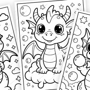 May include: Three black and white coloring pages featuring cartoon dragons. The dragons have large eyes, wings, and horns. One dragon sits on a cloud, while others are surrounded by stars and bubbles. The pages are suitable for children.