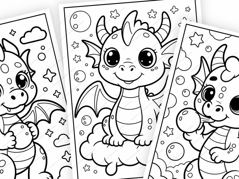 May include: Three black and white coloring pages featuring cartoon dragons. The dragons have large eyes, wings, and horns. One dragon sits on a cloud, while others are surrounded by stars and bubbles. The pages are suitable for children.