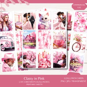 Stijlvol roze ATC-kaarten - drie kaarten met kaarten van 8,5 x 11 - digitale download - ongewenste tijdschriften - kieskeurige sneden - scrapbooking - AI-gegenereerd
