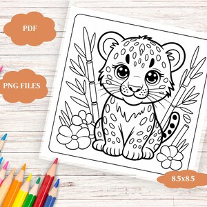 May include: Black and white coloring page of a cartoon leopard cub with large eyes, spots, and bamboo stalks. The image is on a white background with the text "PDF", "PNG FILES", and "8.5x8.5". Colored pencils are in the background.