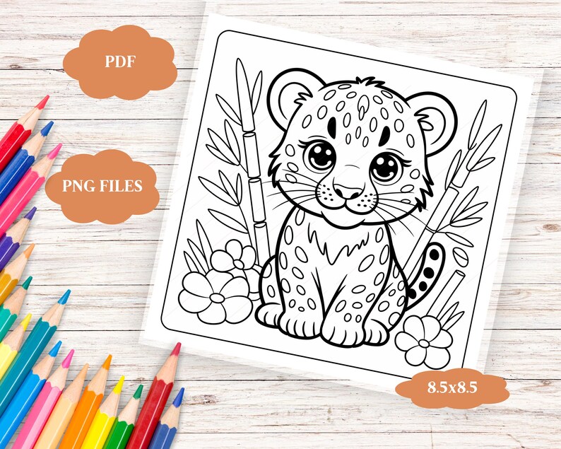 May include: Black and white coloring page of a cartoon leopard cub with large eyes, spots, and bamboo stalks. The image is on a white background with the text "PDF", "PNG FILES", and "8.5x8.5". Colored pencils are in the background.