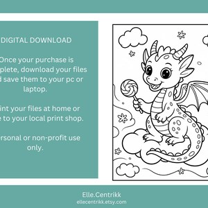 May include: Black and white line art of a cartoon dragon holding a lollipop, surrounded by clouds, stars, and flowers. The image is a digital download, with instructions to download and print at home or a local print shop. Text includes "DIGITAL DOWNLOAD".