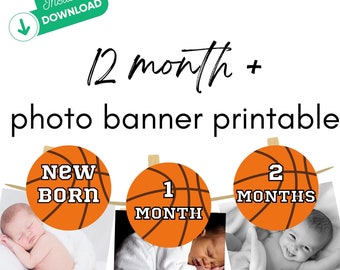 Banner de cumpleaños con foto de baloncesto imprimible de 12 meses, banner de foto mensual de baloncesto de 2,5", banner decorativo para fiesta de primer cumpleaños de baloncesto
