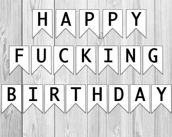 Decoraciones de feliz cumpleaños FING (blanco y negro) Banner digital imprimible Divertido 21.º, 30.º, 40.º, 50.º cumpleaños negro