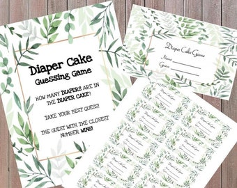 Juego de adivinanzas de pastel de pañales con plantas verdes de color agua Adivina cuántos pañales hay Juego de baby shower DESCARGA INSTANTÁNEA