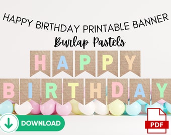 Banner de arpillera de feliz cumpleaños imprimible, colores pastel de feliz cumpleaños, banner de cumpleaños digital, arcoíris pastel