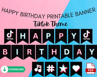 Tiktok Feliz cumpleaños Decoraciones banner imprimible Descarga instantánea Cumpleaños de baile para niñas Adolescentes Decoraciones de fiesta de cumpleaños para niños