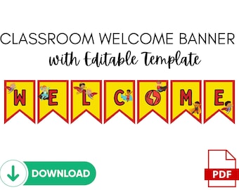 Banner de bienvenida imprimible para el aula con tema infantil de superhéroes editable