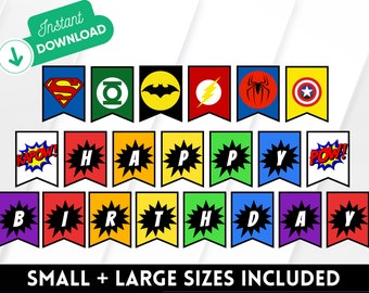 Banner de feliz cumpleaños de superhéroe, fiesta de superhéroes, decoraciones de superhéroes imprimibles