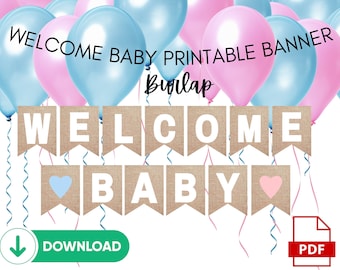 Banner de bienvenida al bebé, Banner digital para baby shower, Banner con impresión de arpillera, Banner con impresión de arpillera con letras blancas, Banner imprimible para baby shower