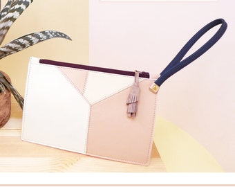 Wedding Pouch - Pink + Cream + White Leather Patchwork Clutch - Italian Genuine Leather Handbagag - Unique piece