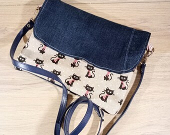 Mini sac, mix jeans recyclé et chats