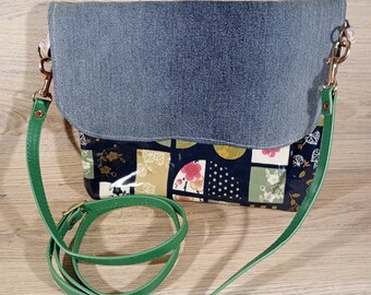 Mini sac, mix jeans recyclé et coton enduit japonais fleurs de cerisier