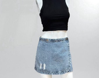 Distressed Faded Denim Wrap Mini Skirt