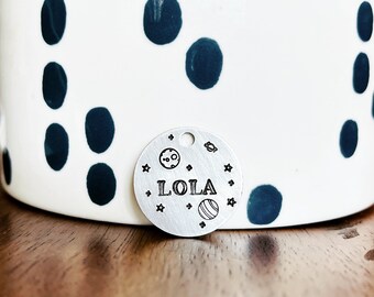 Hand Stamped Metal Space Dog Tag, Custom Pet ID Tag