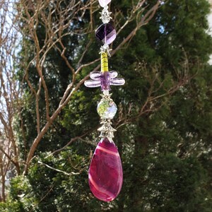 Purple agate suncatcher, Glass dragonfly, Raw natural amethyst suncatcher