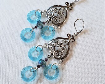 Vintage blue glass earrings , Swarovski crystal beads , Beautiful vintage dangle earrings , Gorgeous silver earrings