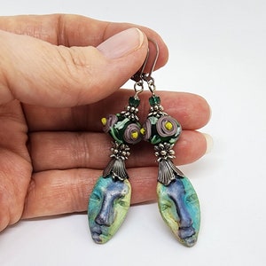 Handmade Polymer Clay Face Earrings: Lampworked Glass, Czech Beads