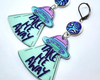 Sci Fi Alien Spaceship Dangle Earrings, Jewelry