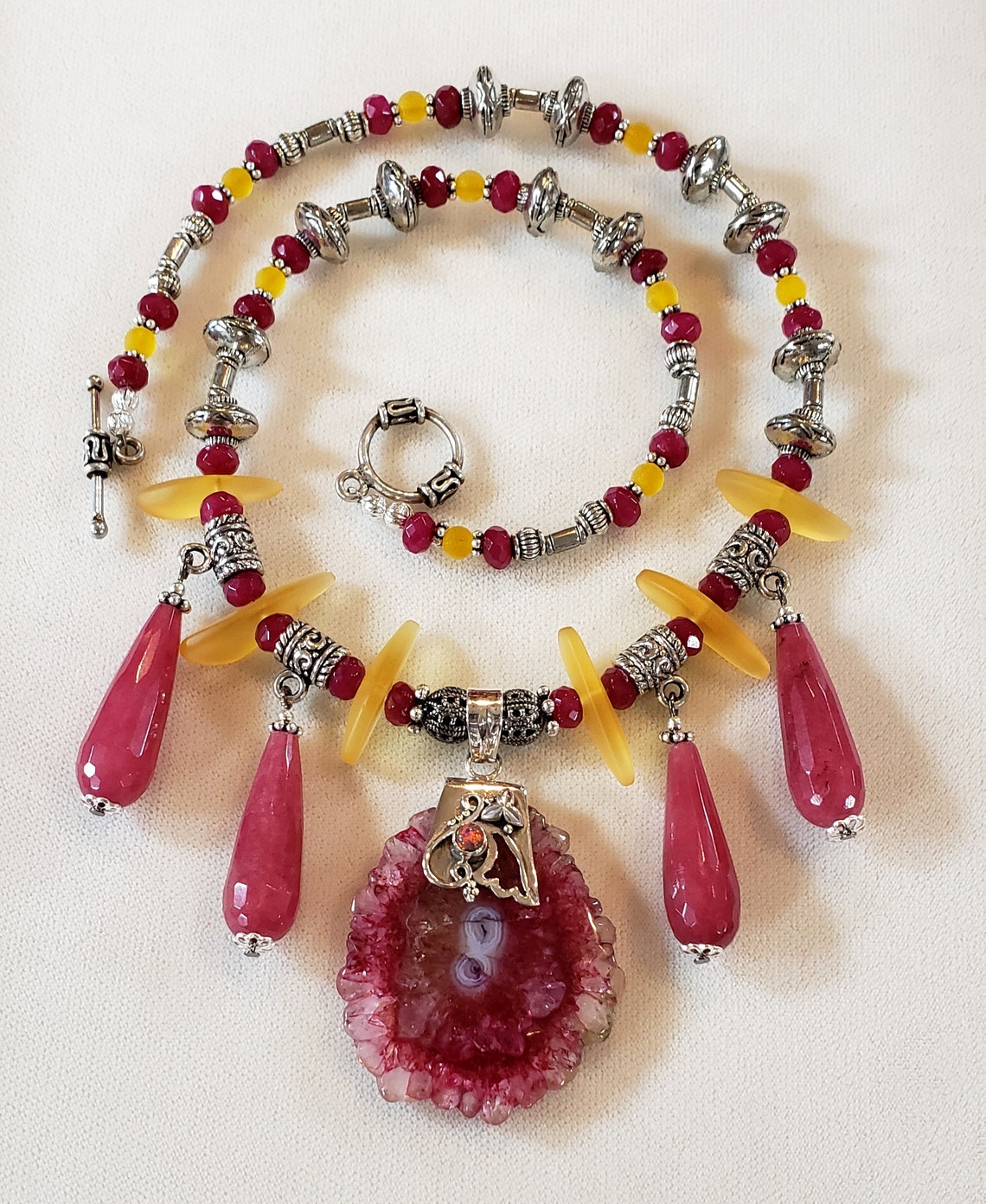 Solar Quartz Pendant Necklace Seaglass Beads Silver Toggle Etsy