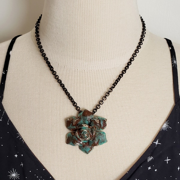 Verdigris green Rose Flower pendant Necklace, Floral Jewelry