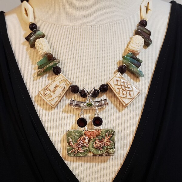 Fish pendant necklace , Carved bone beads , Silver Toggle Clasp