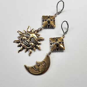 Antiqued finish brass Sun and Moon dangle earrings, Celestial jewelry