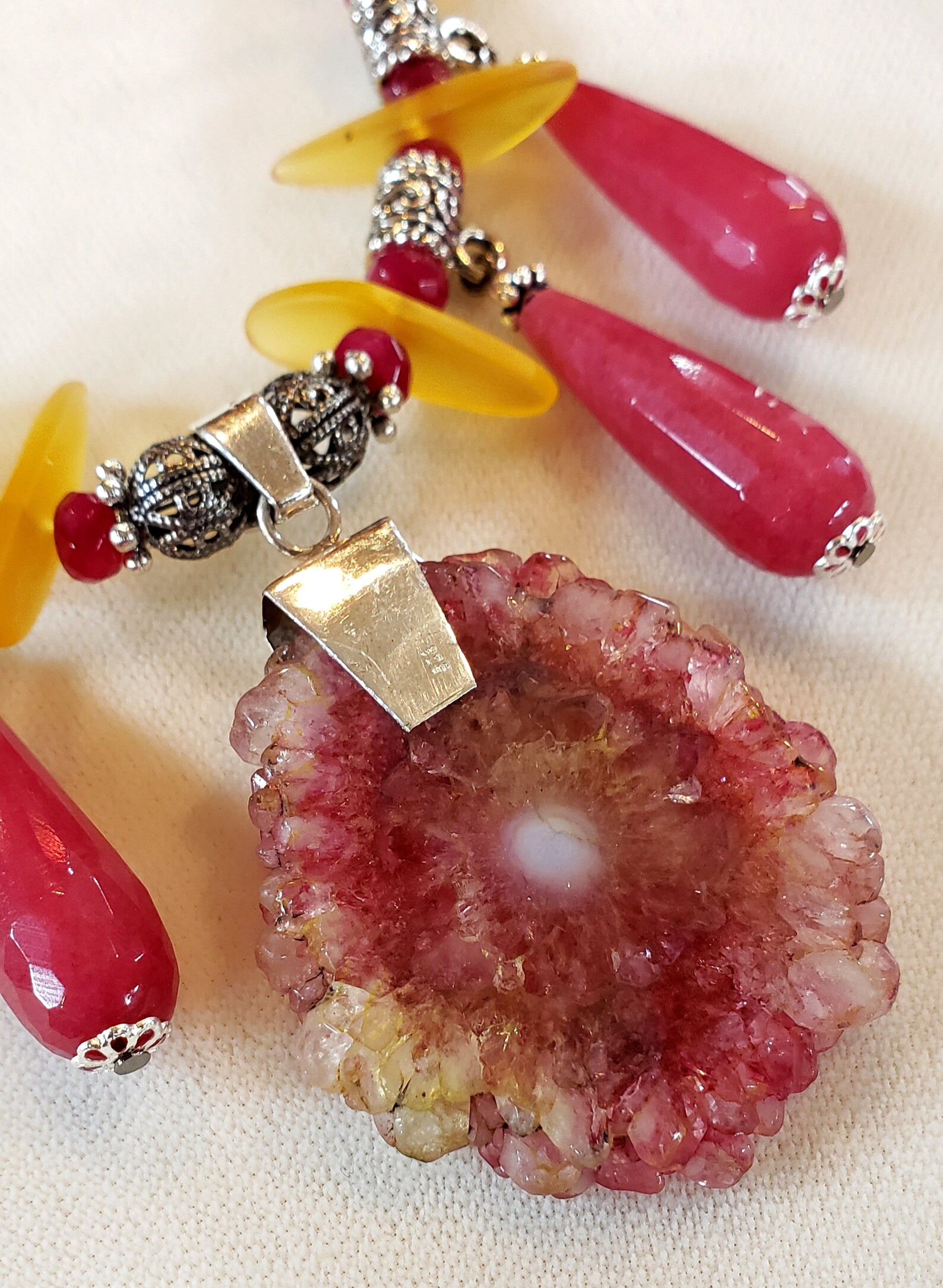 Solar Quartz Pendant Necklace Seaglass Beads Silver Toggle Etsy