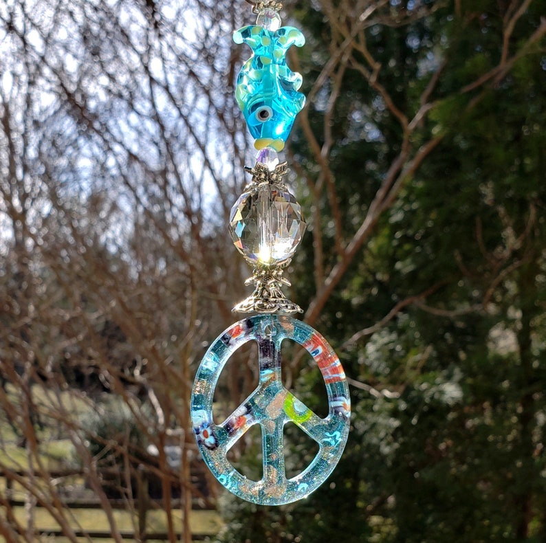 Turquoise and crystal Suncatcher Glass Peace sign suncatcher