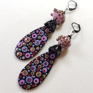 Artisan hand painted wood Dot charms and Lampwork beads, Earrings, Handmade Jewelry