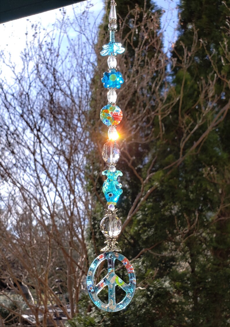Turquoise and crystal Suncatcher Glass Peace sign suncatcher