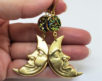 Celestial Crescent brass Moon earrings, sparkling faux Druzy, celestial jewelry