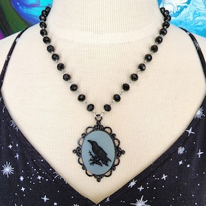 Goth Black Raven Cameo pendant Necklace, faceted Jet Black glass Rosary chain, Gothic Jewelry