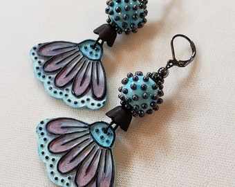 Beautiful mixed media earrings, Blue artisan made polymer clay Flower earrings, artisan lampwork glass beads