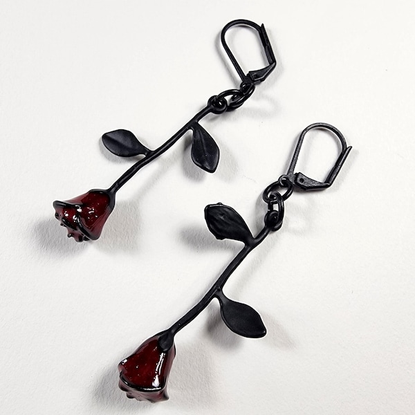 Deep Red Rose and Matte Black Dangle Earrings, Goth Jewelry